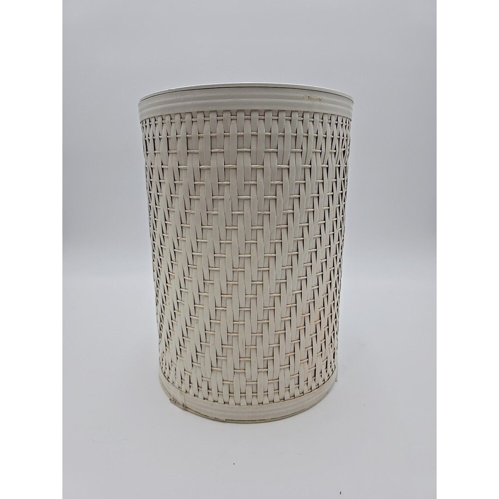 Vintage White Wicker Rattan Round Small Waste Basket Trash Can Shabby Chic